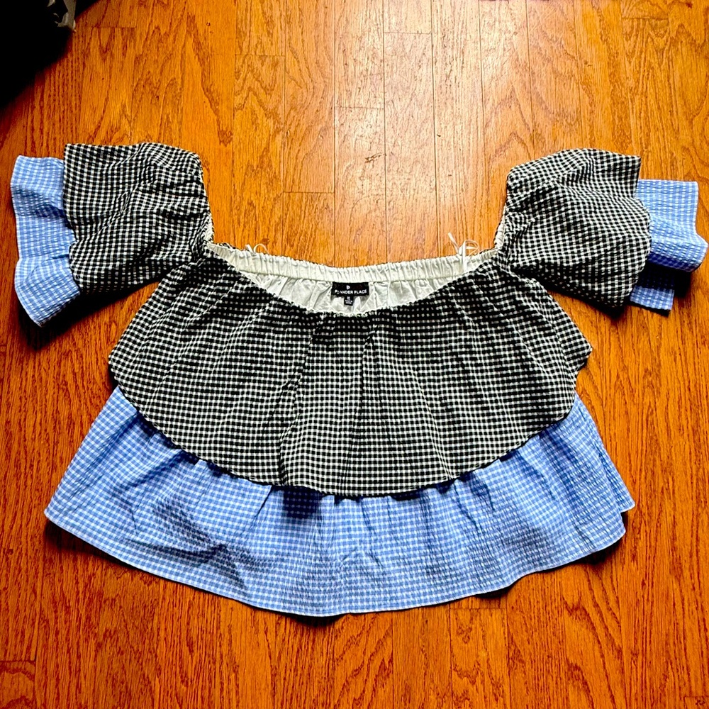 Tuckernuck Black & Light Blue Gingham Off-Shoulder Ruffle Top
